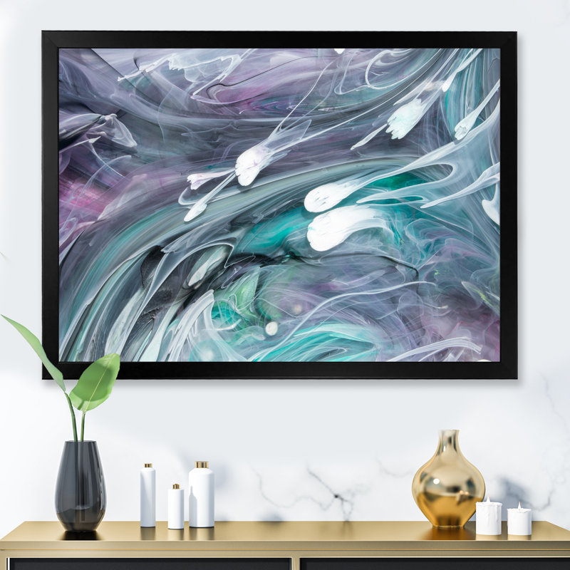 Turquoise et mauve liquide Flow Art II - œuvre d'art moderne sur toile, Impression noire sur toile encadrée