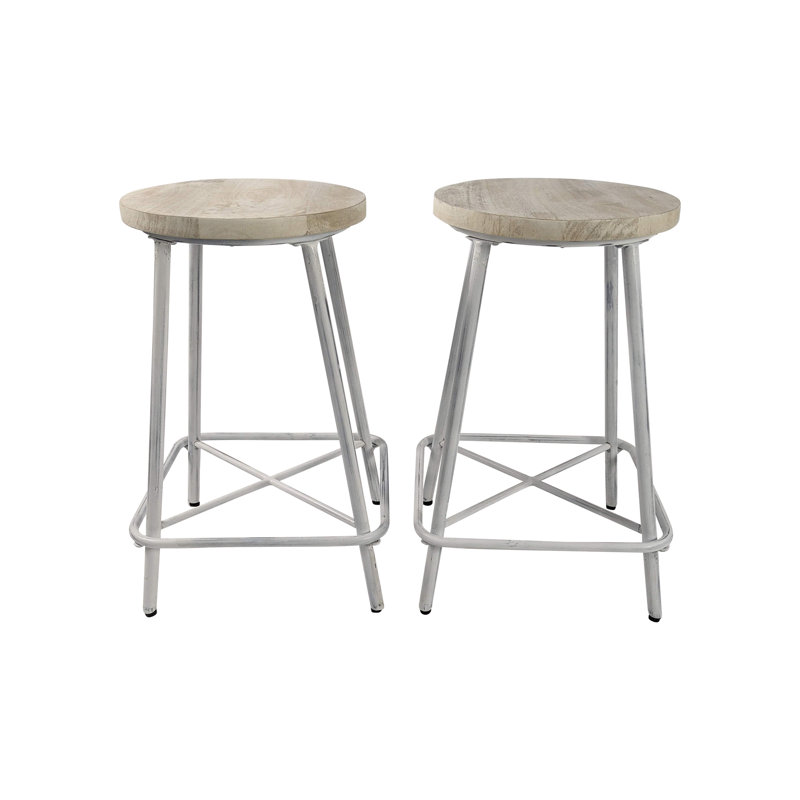 Industrial Silver 24" Counter Height Stool with Space-Saving Backless Design, Whitewash