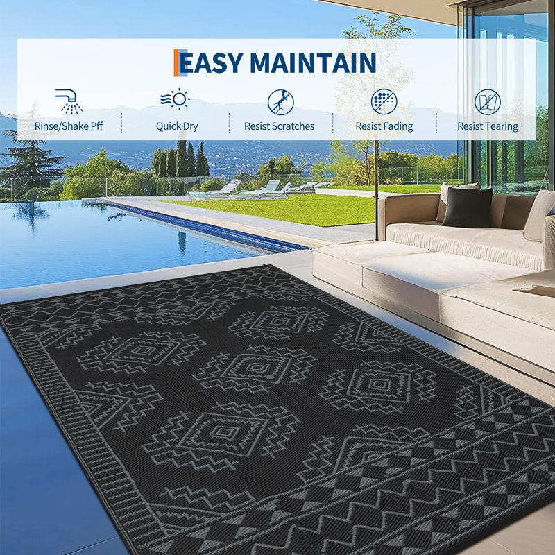 Waterproof Reversible Outdoor Rug – Plastic Straw Mat, UV-Resistant, Large Collapsible Camping Patio Carpet for Balcony, Deck, Picnic, Backyard – Black and Gray, 9x18ft