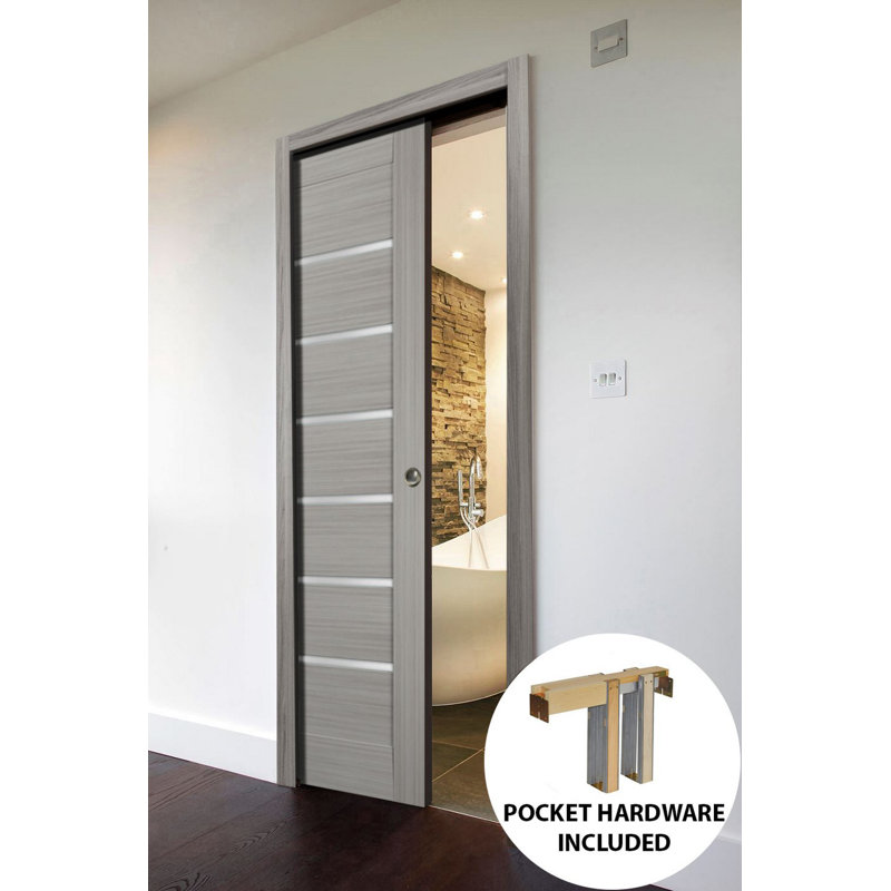 Gray Ash 30" x 80" Solid MDF Frosted Glass Pocket Door