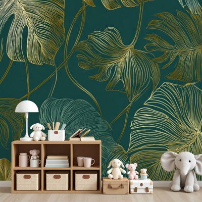 Papier peint auto-adhésif de luxe à motif floral doré, vert, feuille d'or, feuille de Philodendron, plante murale décorative, H 69 po x l 96 po, papier peint amovible en PVC, adhésif pour chambre à coucher, bureau à domicile