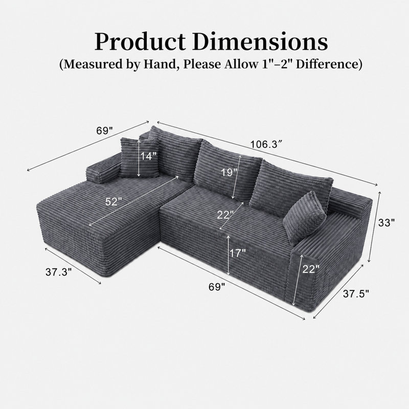 Canapé modulaire en L Corduroy avec méridienne orientée à gauche, Grey, Grey Foam