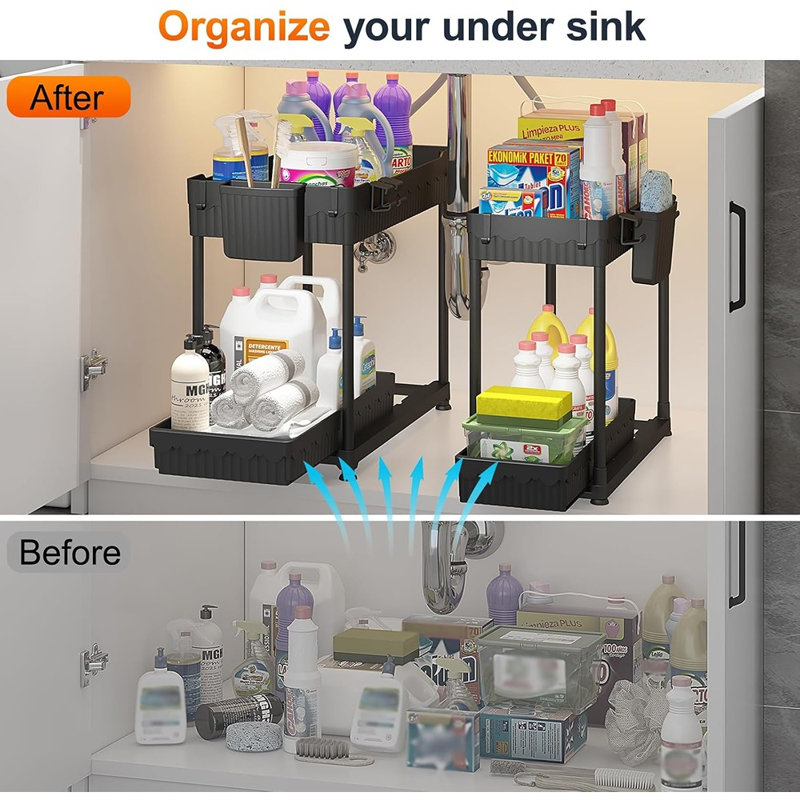 4-pack Under-sink 2-tier Pull-out Cabinet Organizer With Hooks And Cups – Black