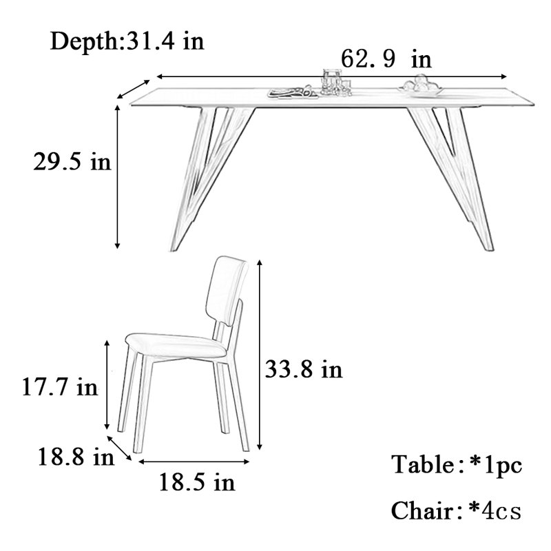 Rectangular home table and chair combination, 29.50"H x 62.90"L x 31.40"W
