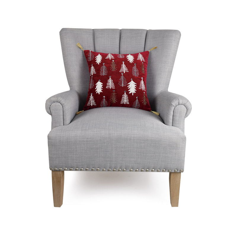 Red Velvet Embroidered Christmas Pillow with Metallic Accents