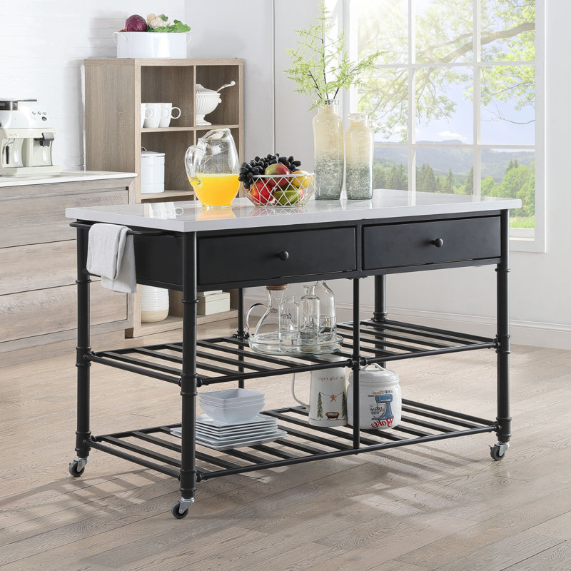 Clarkson Transitional Kitchen Island with Artificial Stone Top in White and Gray