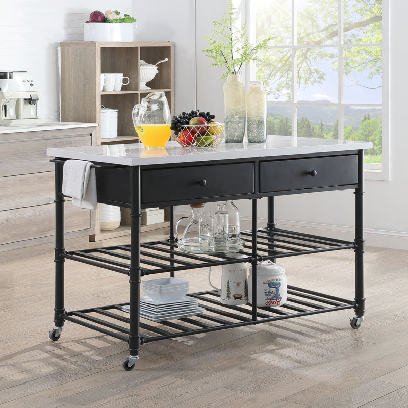 Clarkson Transitional Kitchen Island with Artificial Stone Top in White and Grey