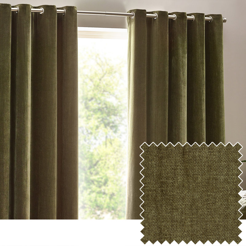 Heavy Chenille Room Darkening Eyelet Curtains, Olive, 168cm Width x 137cm Drop