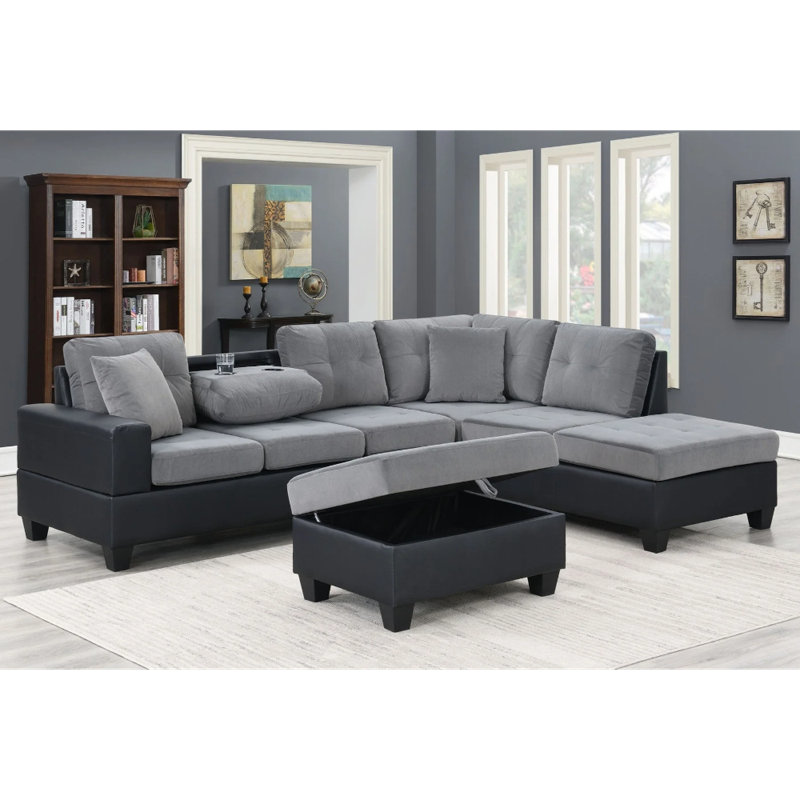Velvet L-Shaped Sectional, Grey/Black Velvet