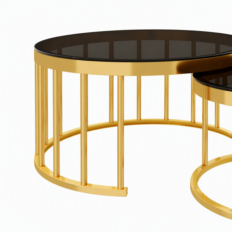 Ensemble de 2 tables basses rondes gigognes, structure circulaire en métal doré, Black / Gold