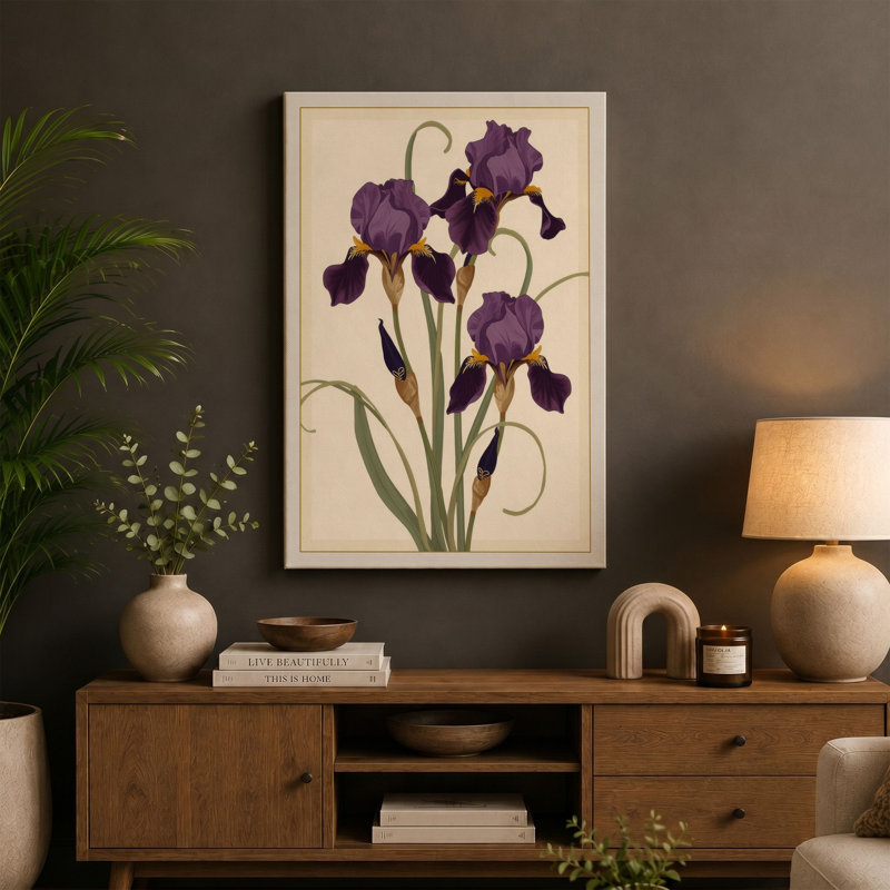 Purple Iris Study Botanical - Wrapped Canvas, 36x24 - 91.4 x 61.0 cm, Teal Border