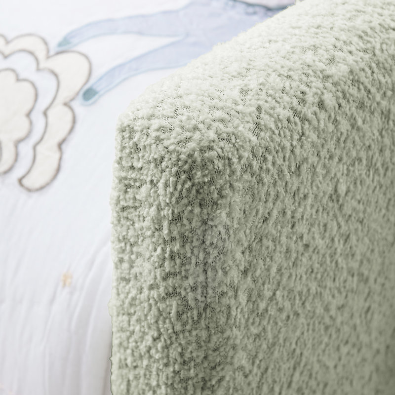 Lit plateforme simple avec matériau Boucle, conception mignonne d'oreille de lapin, fonctionnalité et rangement, couleur cyan pour la structure de la chambre à coucher, tête de lit, poche de rangement,
