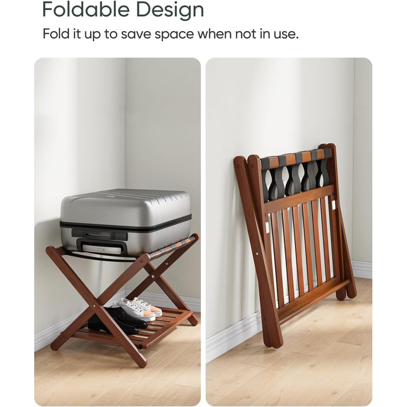 Walnut Bamboo Foldable Luggage Rack with Shoe Shelf, 2 Pack