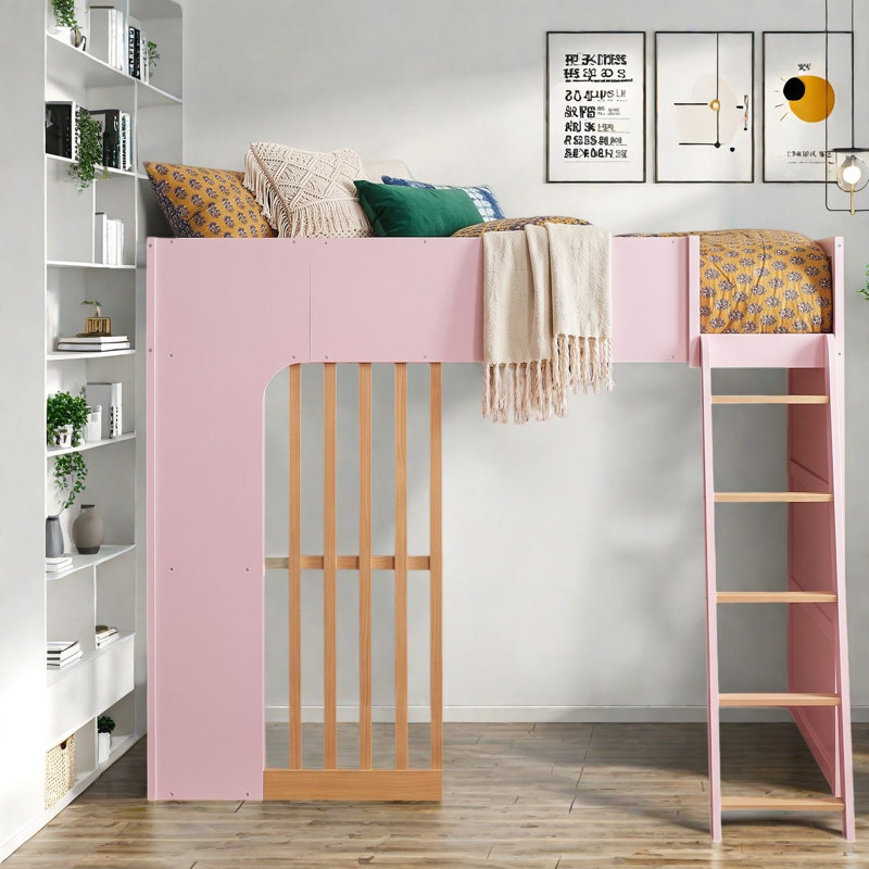 Lit mezzanine gain d'espace avec rangement, en bois MDF, rose moderne, pour la maison, Pink