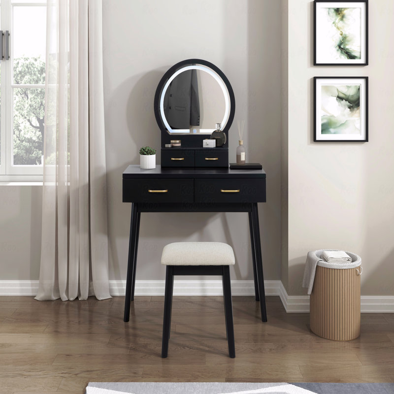 Beautiful Vanity Dresser With Mirror And Stool Set Storage Drawers Luxury Furniture 1Pc Led Mirror, Black