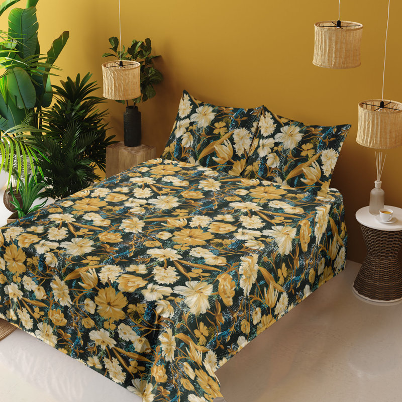 Ambesonne Watercolor Botany Sheet Set 4 Pcs Retro Boho Bloom, Pale Earth Yellow Cream Floral