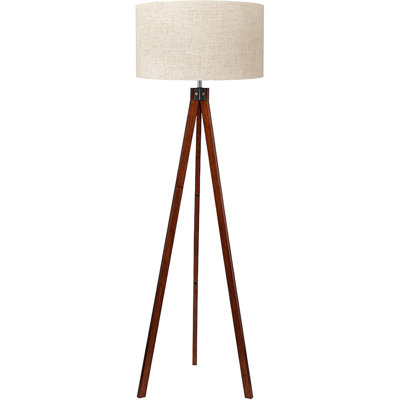 Lepower Wood Tripod Floor Lamp, Mid Century Standing Lamp, Modern Design Studying Light For Living Room, Bedroom, Study Room And Office, Flaxen Lamp Shade With E26 Lamp Base Brown