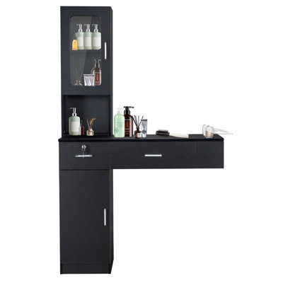 Wall Mount Barber Salon Stations With A Storage Cabinet, 2 Drawers And A 3 Tier Shelf