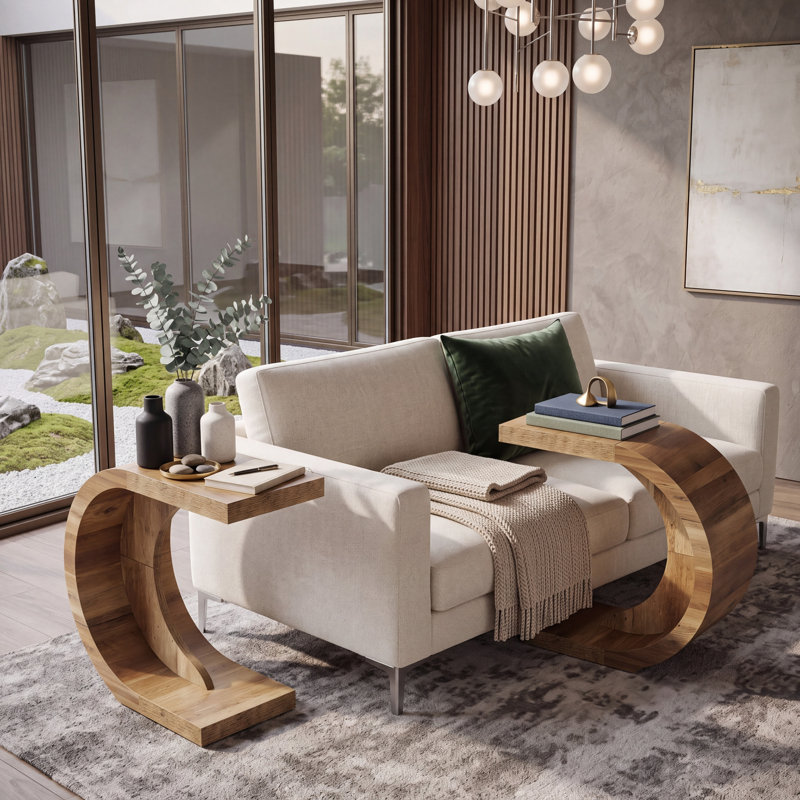 Ensemble de 2 tables de bout en forme de C, table d'appoint en bois pour canapé-lit, petit espace, brun rustique