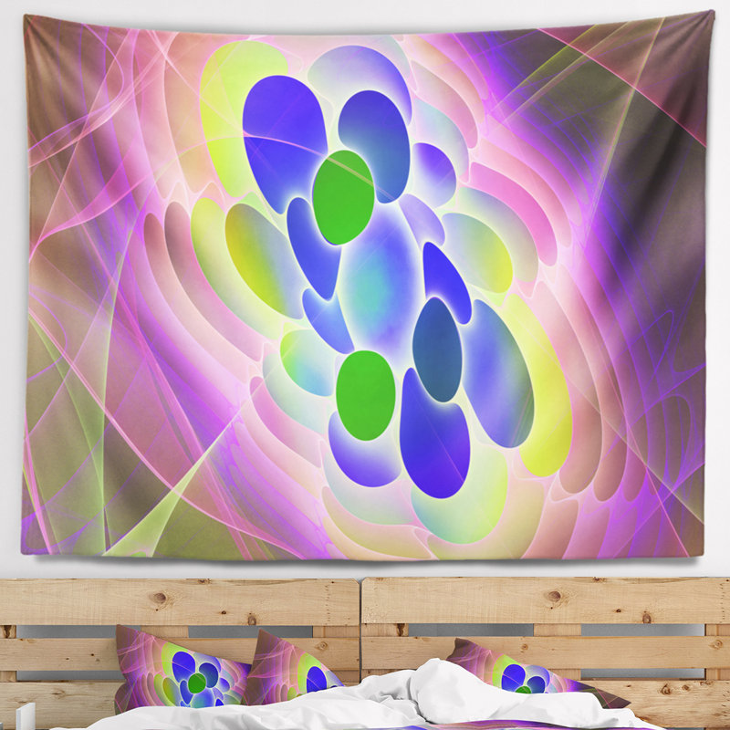 Tapisserie abstraite avec motif fractal bleu vert, H 68 po x l 80 po