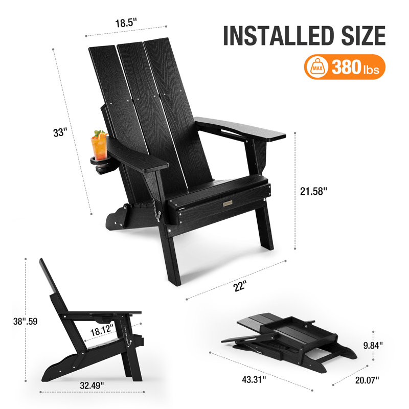 All Weather HDPE Folding Outdoor Adirondack Chair with Cup Holders Durable Oversized Fire Pit Chair Easy Assembly Easy Maintenance Patio Lawn Chair with 380Lbs Load Bearing for Porch, Garden, Backyard, patio, Deck, fire pit, Black（set of 4）