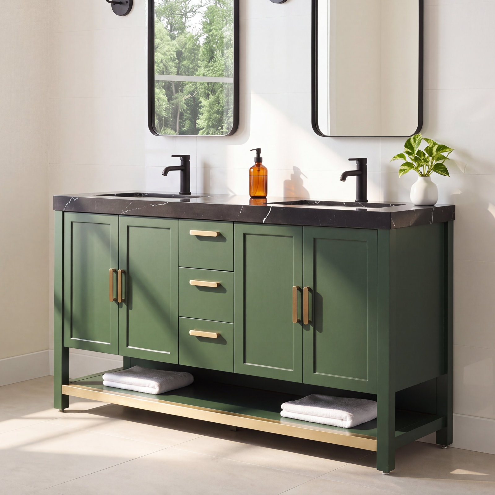 Willard 60" Double Bathroom Vanity, Forest Green, Black