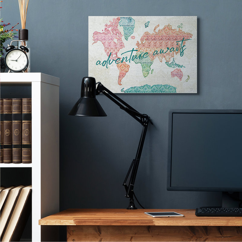 «Adventure Awaits Expression Macrame» Carte du monde, H 24 po x l 30 po, Toile tendue