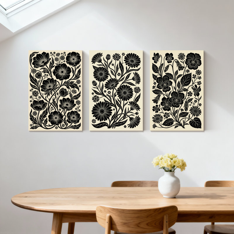 Plantes et fleurs, motif floral noir sur fond crème, ensemble de 3 impressions murales sur toile, H 18 po x l 36 po