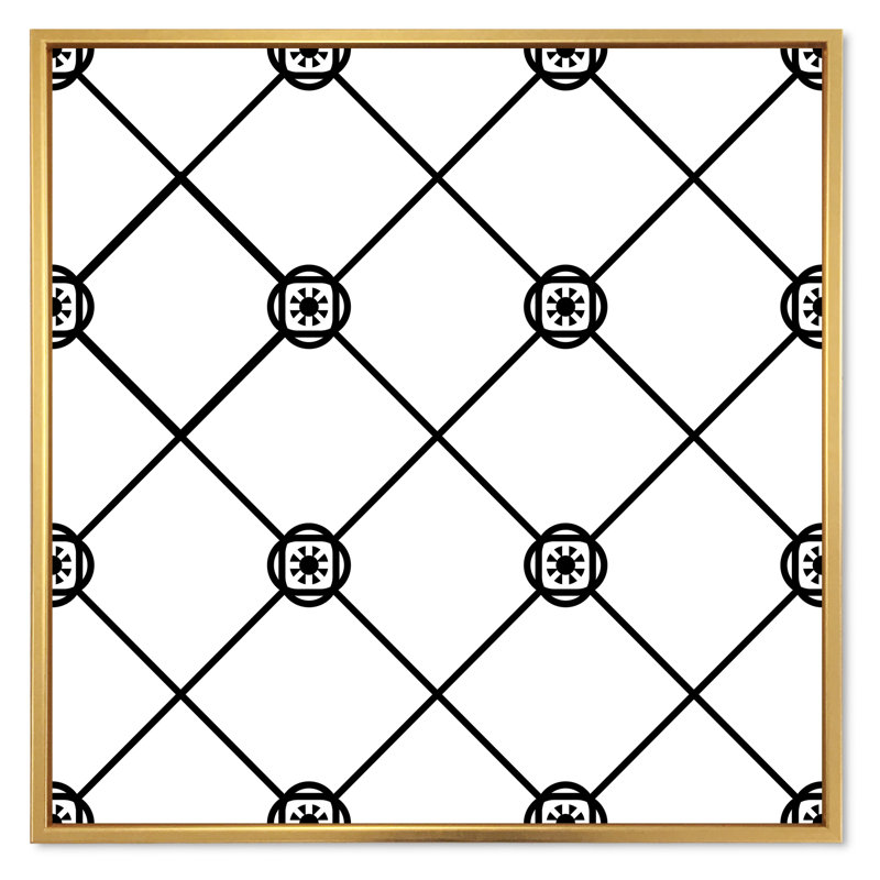 Carreaux de diamant géométrique noir et blanc - Impression sur toile, Cadre flottant doré, H 30 po x l 30 po