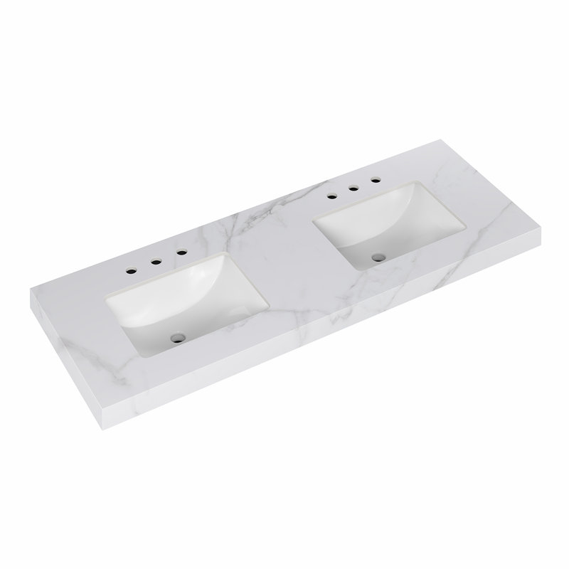 Vasque de salle de bain, 79 cm (L) x 56 cm (P) x 6,5 cm (H), en porcelaine, avec 3 trous prépercés pour robinetterie, couleur jade clair.