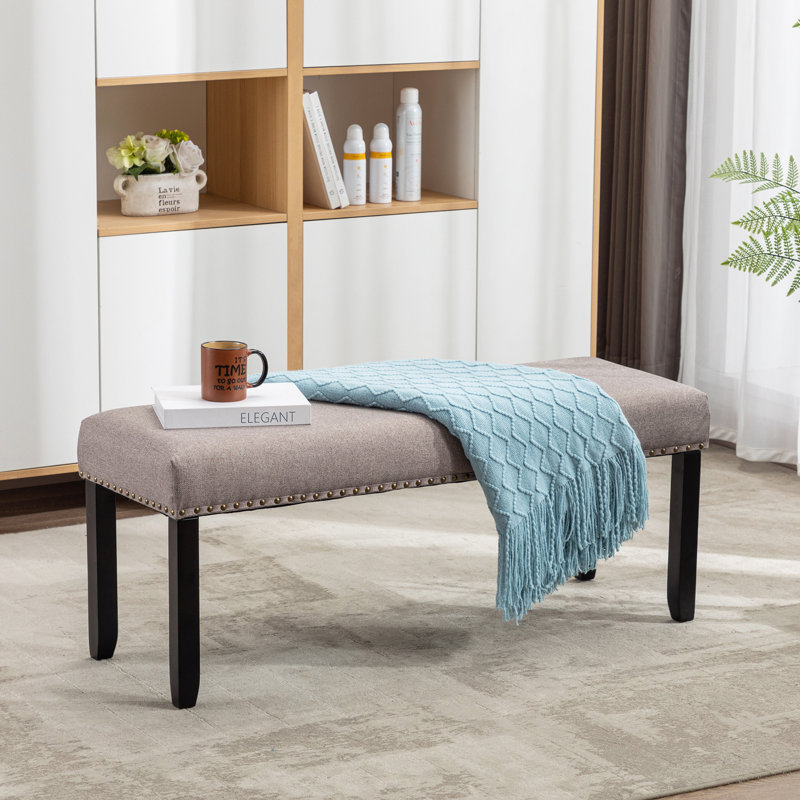Aldrik 44.3" W Linen Upholstered Bench with Nailhead Trim, Khaki