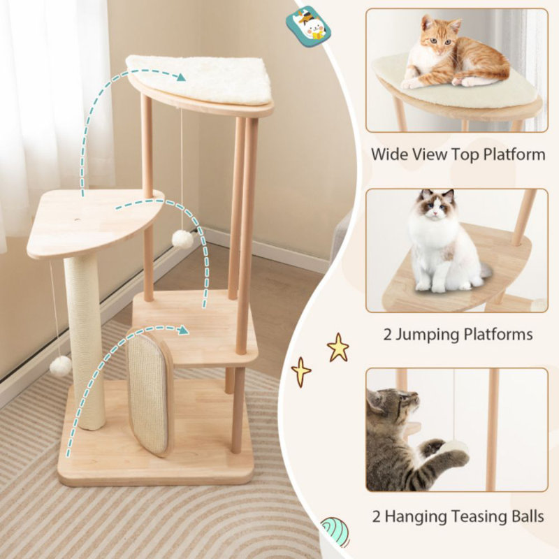 44-Inch Beige Wooden Multi-Level Cat Tower with Sisal Scratching Post