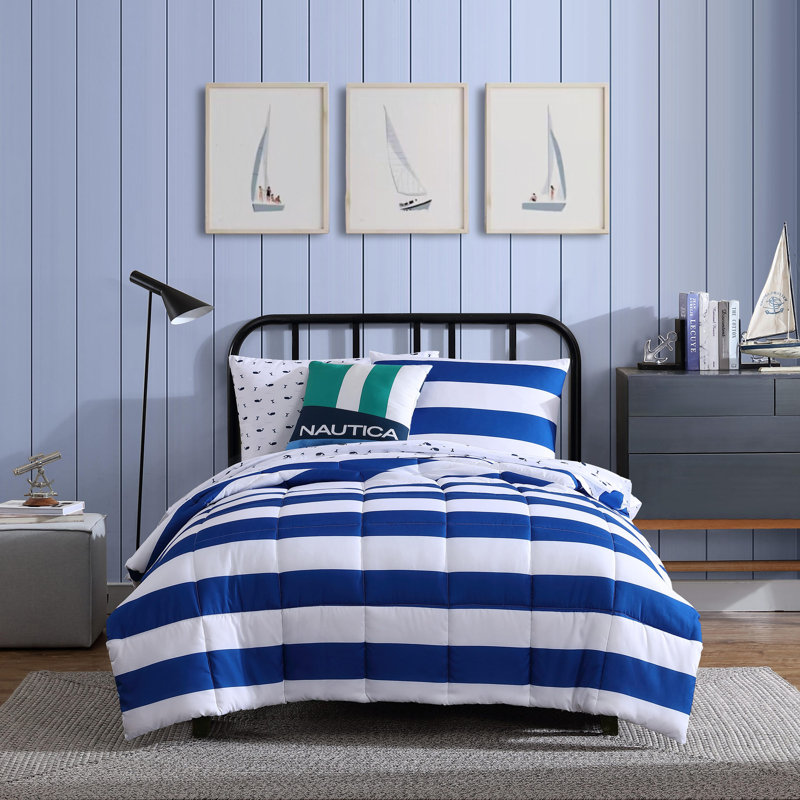 Nautica Kids Cru Comforter Bonus Set, Blue Striped, Twin Comforter + 1 Standard Sham + 1 Throw Pillow