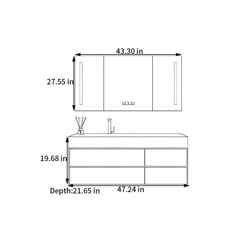 Armoire de salle de bain élégante de style crème, Gris clair, H 19,68 po x l 47,24 po x P 21,65 po