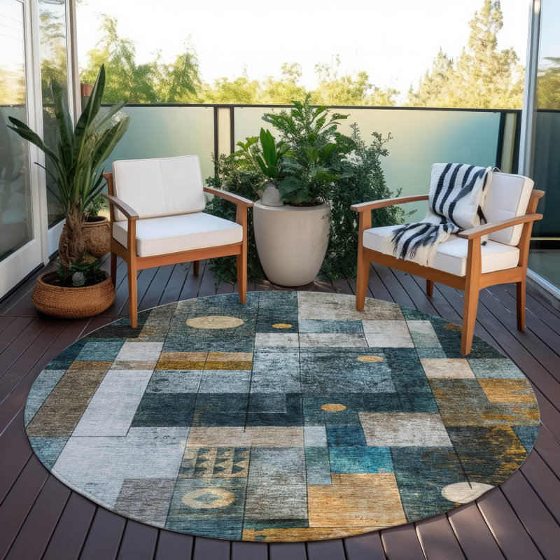 Machine Washable Indoor/Outdoor Chantille ACN1123 Teal Rug, Round 8'
