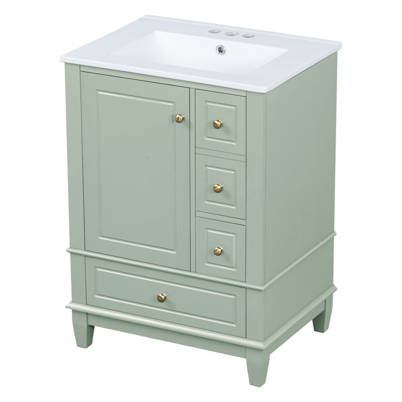 24" Green Freestanding Bathroom Vanity With Sink And Drawers, Modern MDF And Solid Wood Base Cabinet For Small Bathrooms