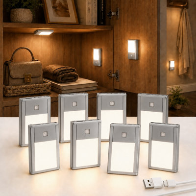 Veilleuses rechargeables V4light à capteur de mouvement, paquet de 8 - alliage d'aluminium peint gris, support magnétique ultra-compact, lueur blanc chaud 3000K, idéal pour les couloirs, les chambres à coucher, les escaliers et l'utilisation nocturne
