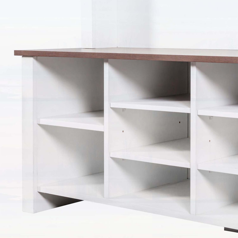 Wooden Hall Tree with 6 Hooks,Entryway Bench with Shelves,and 16 Open Compartments for Mudroom,Living Room, White/Walnut