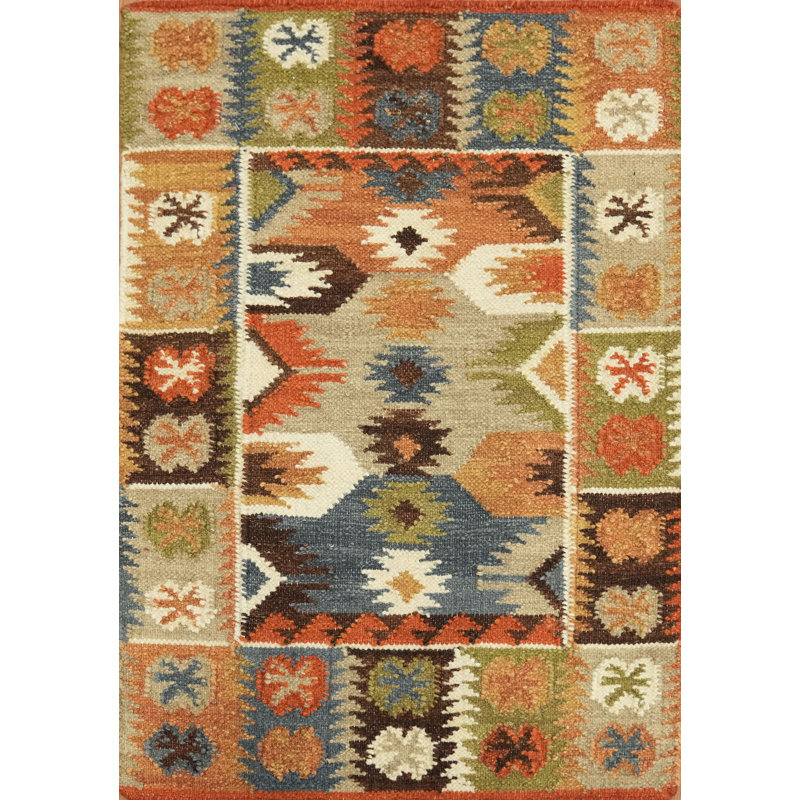 Tapis 100% laine tissé à la main à motif oriental tribal multicolore Southwestern
