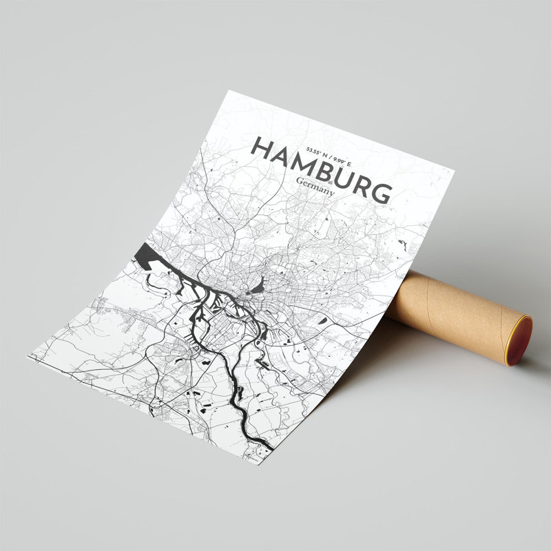Carte de la ville de Hambourg, impression, H 17 po x l 11 po, Noir / blanc