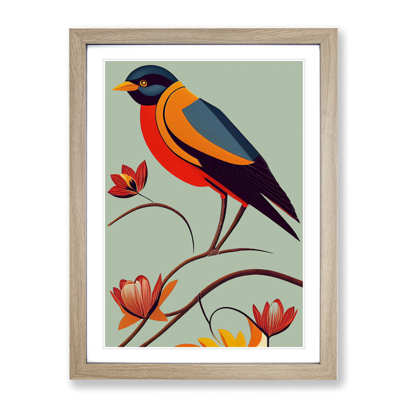 Cheerful Bird - Single Picture Frame Painting, Oak, 64cm H x 46cm W x 2cm D