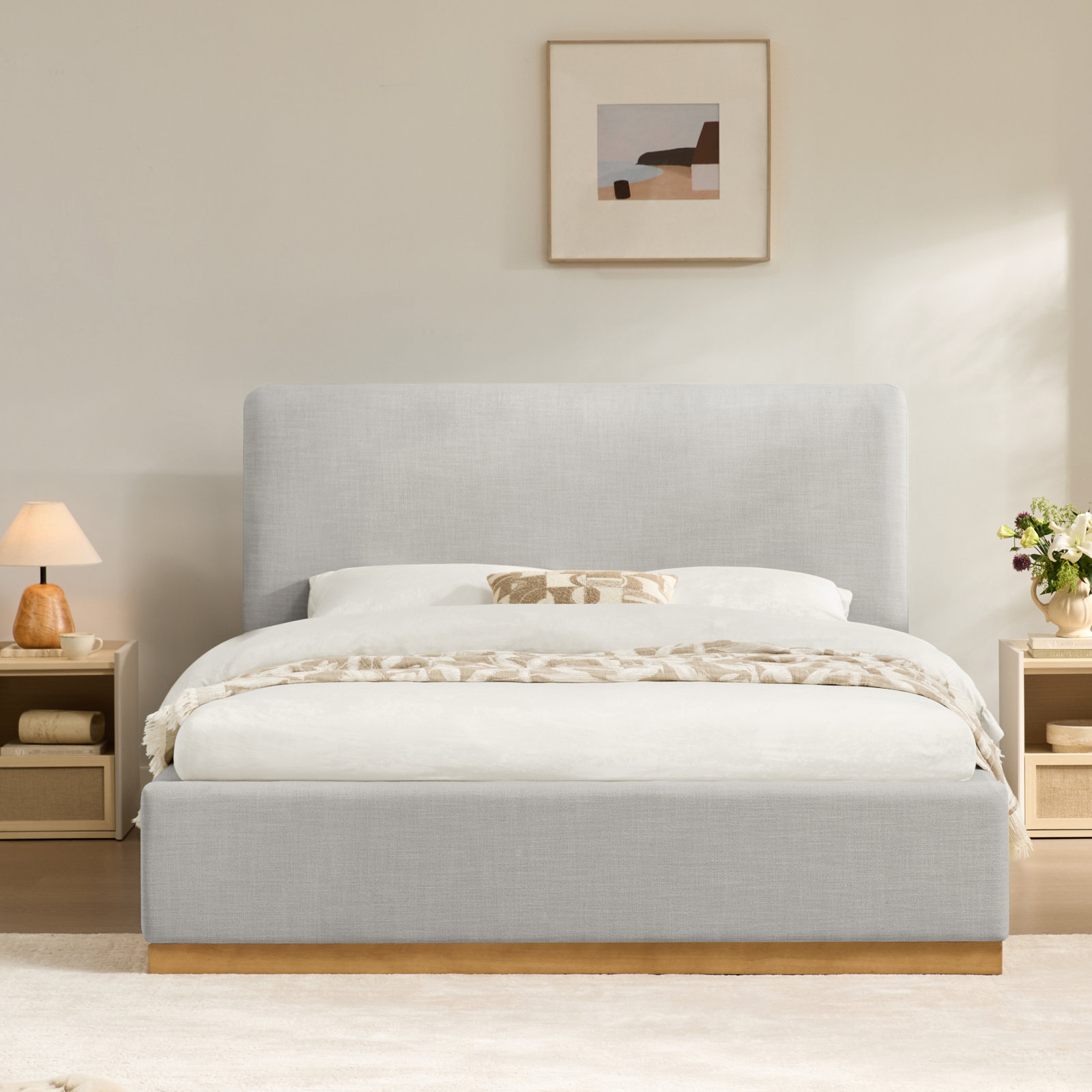 Delpha Upholstered Oak Bed, Queen, Effie Gray Performance Linen