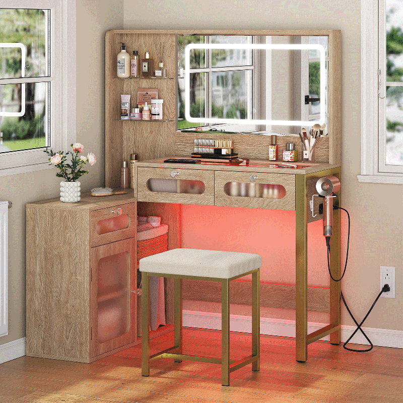 Vanity Desk with Mirror and Lights,Transparent Top Vanitys with RGB Drawers, A Variety of Lighting Modes Brightness Adjustable,Power Outlet,Bedroom, Natural Oak
