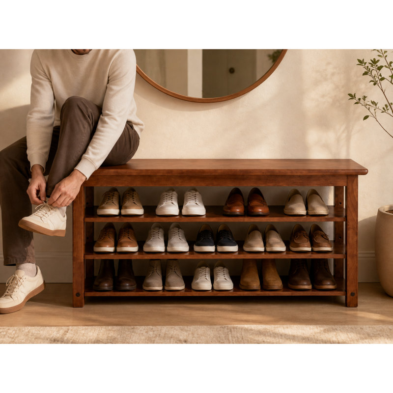Shoe Storage Bench, Solid Wood 3-Tier Adjustable Shelves, Modern Walnut Entryway