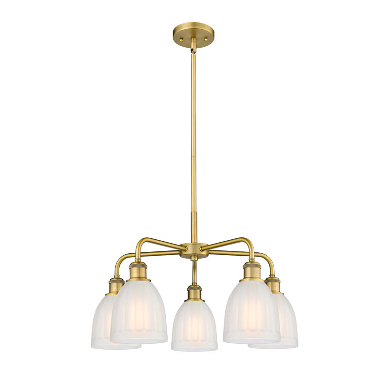 Lustre tambour en acier à intensité variable 5 lumières Poway, Laiton brossé, Blanc