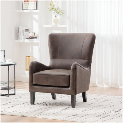Fauteuil d'appoint à dossier haut en polyuréthane de 28 po, fauteuil rembourré pour le salon, fauteuil à oreilles rétro, siège de lecture pour canapé simple avec pieds en bois massif, brun