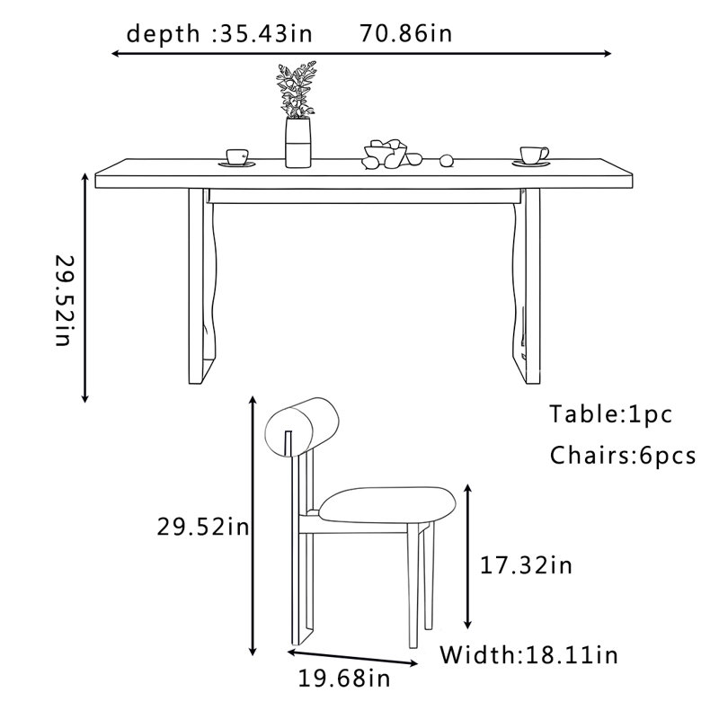 Ensemble de table et chaises de salle à manger haut de gamme Mid-Century, H 29,52 po x L 70,86 po x l 35,43 po