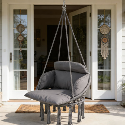 Balançoire d'extérieur, grand rembourrage doux pour le cou, le dos, les bras et les jambes, tissu en coton 320 g / m², structure en acier sécuritaire, suspension sans effort, décoration à franges, capacité de charge de 265 lb, chaise suspendue gris foncé