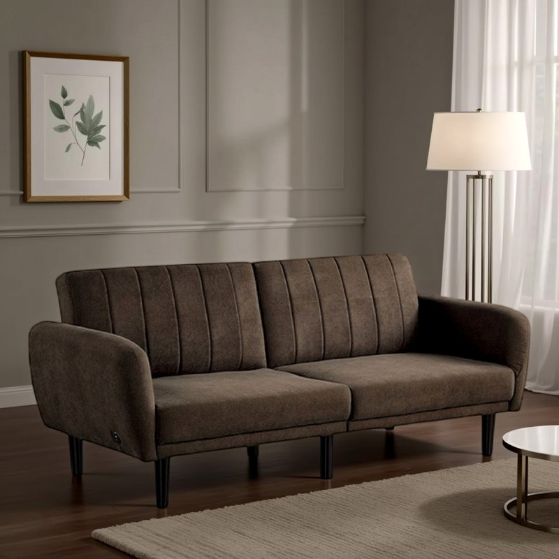 Arz Fold Out Futon Sofa Bed, Light Grey, Retro Channel Tufted Back, Brown Fabric