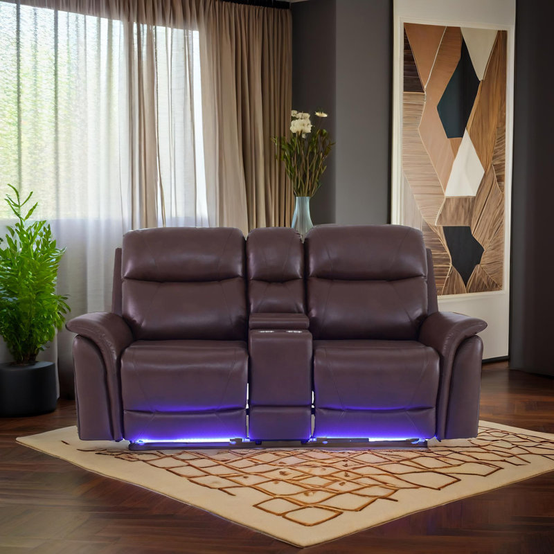 Chester Reddish Brown  Vegan Leather  Reclining  Loveseat With Cup-Holders And LED Lights